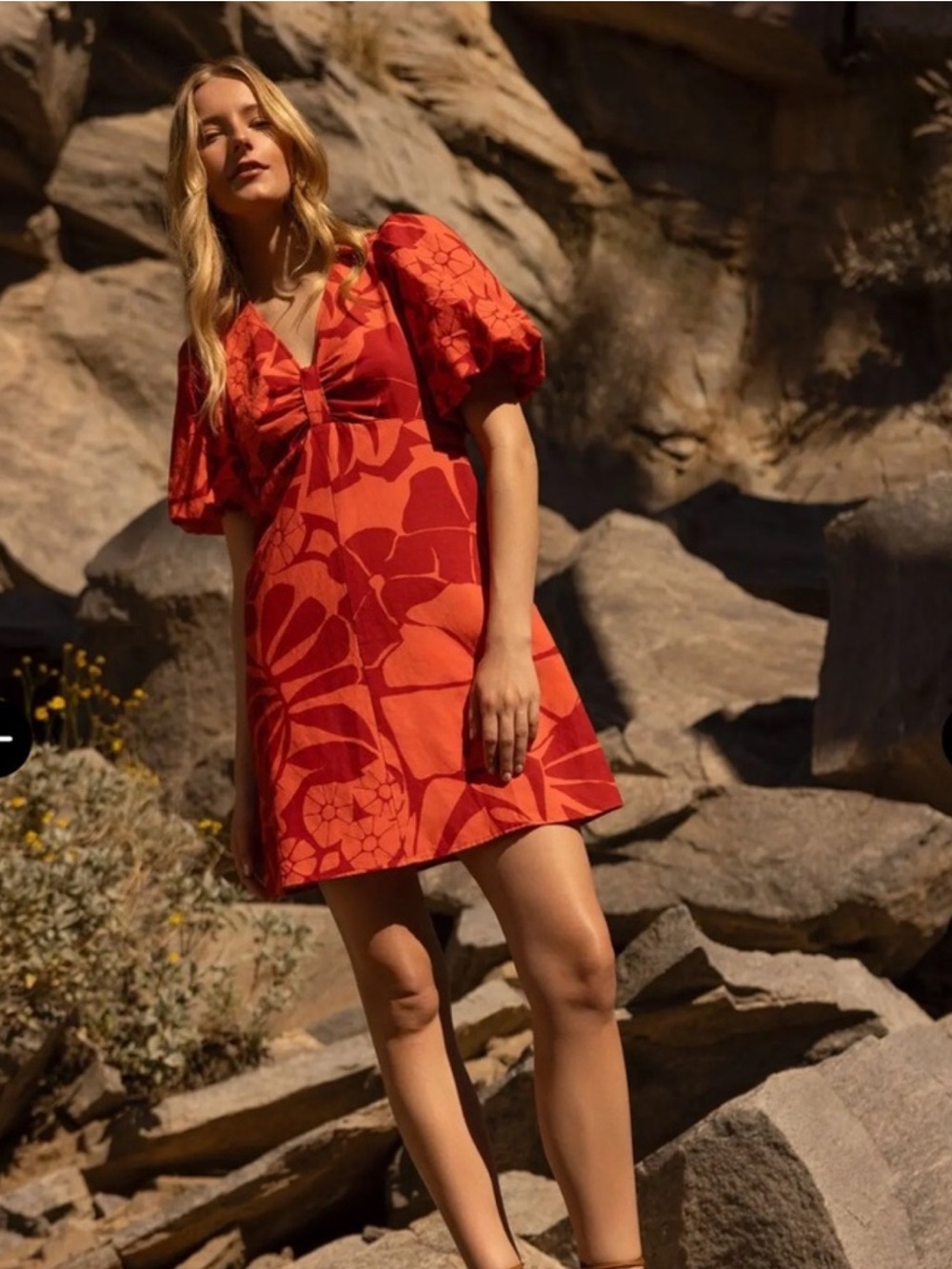 Marie Oliver “Skyla” Floral Puff-Sleeve Mini Dress in Red-Orange NWOT Size 6